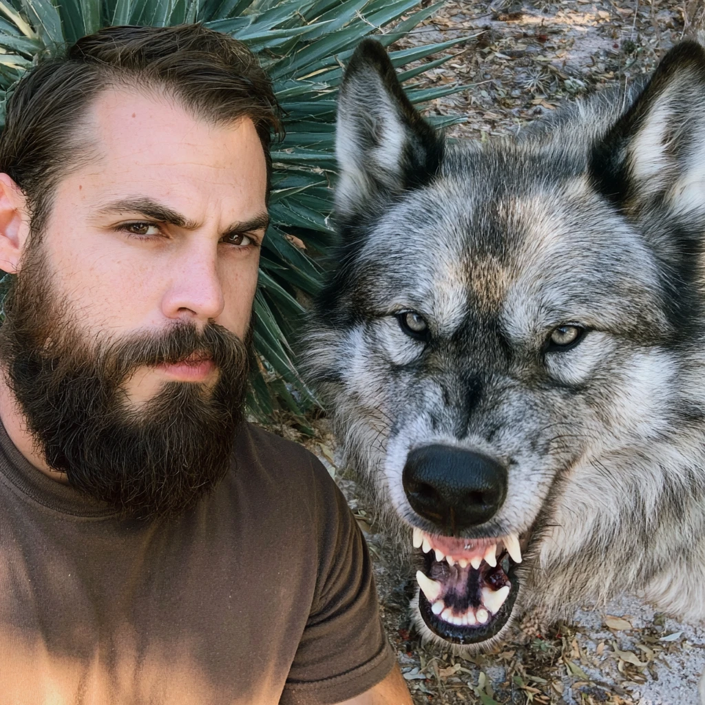 Bearded man beside fierce wolf in natural daylight