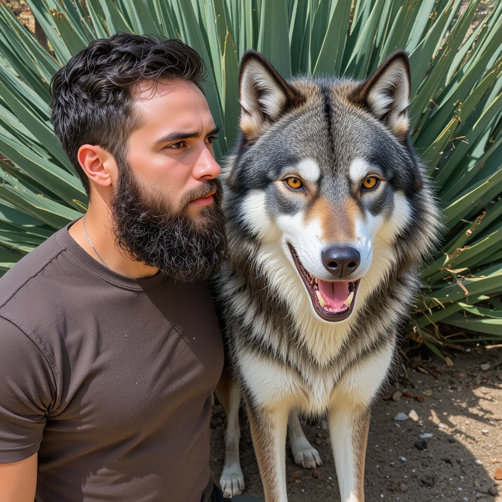 Bearded man standing beside fierce gray wolf outdoors