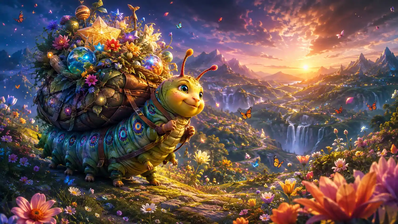 Cheerful Caterpillar Hero With Backpack Of Stars And Worlds