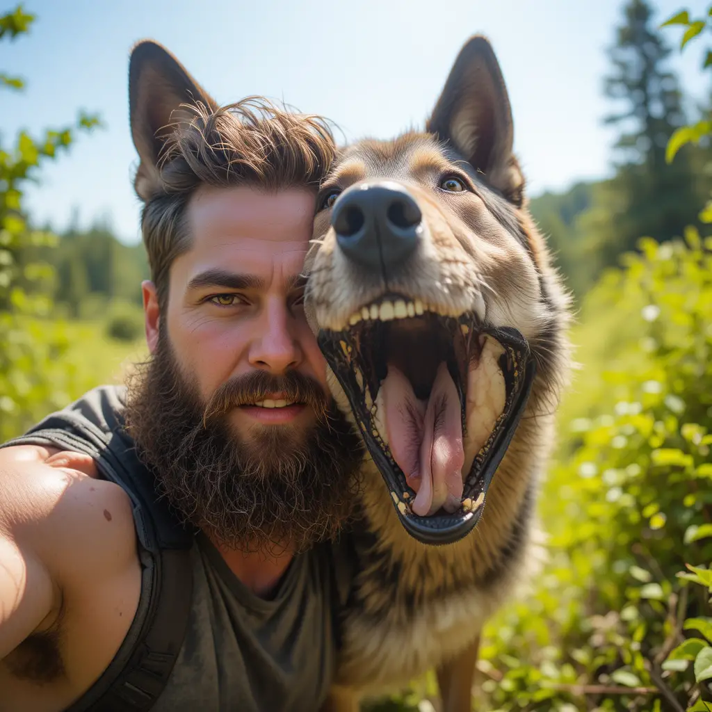 Bärtiger Mann macht ein nahes Selfie mit einem wolfsähnlichen Hund