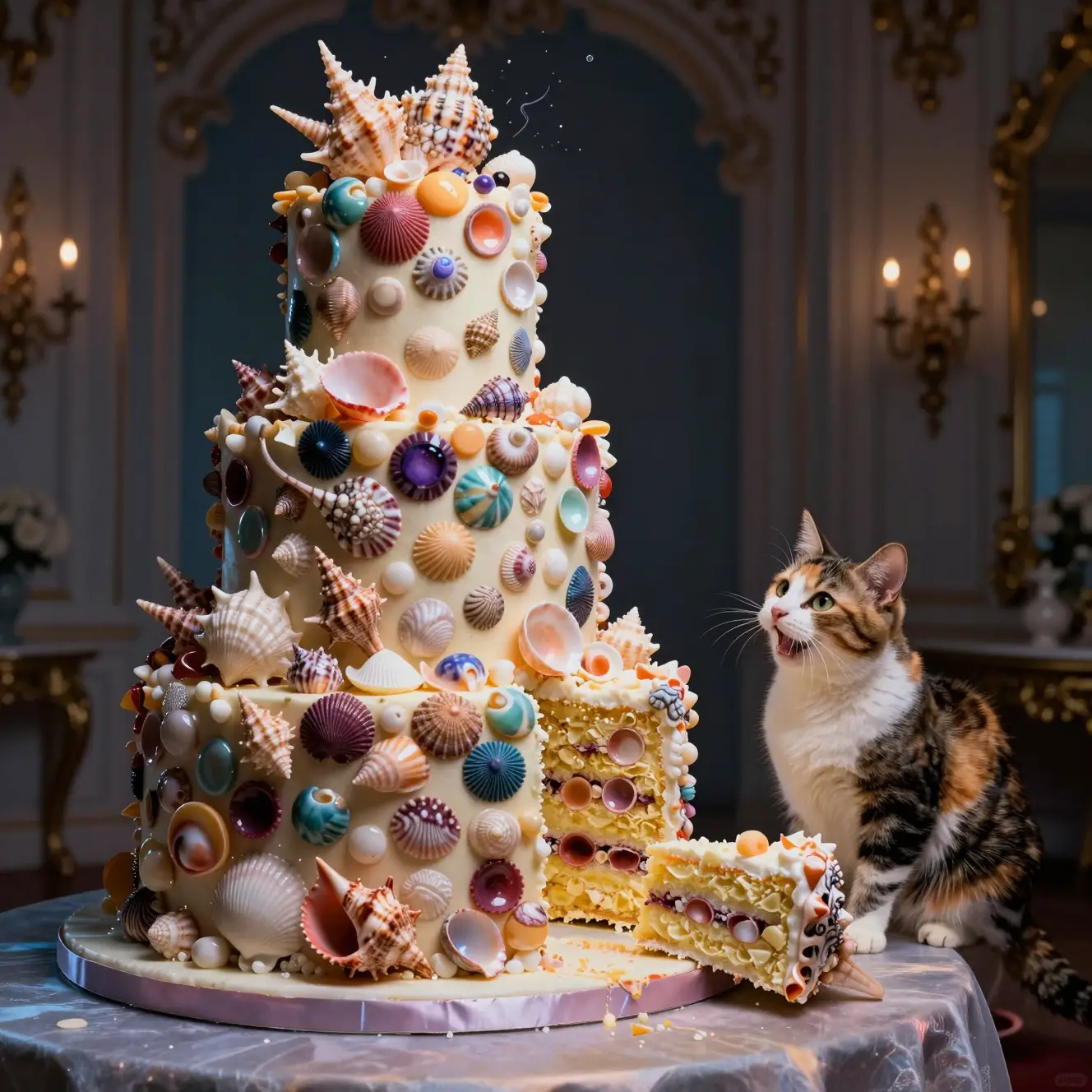 Torta nuziale fantasy di conchiglie con gatto sorridente come compagno