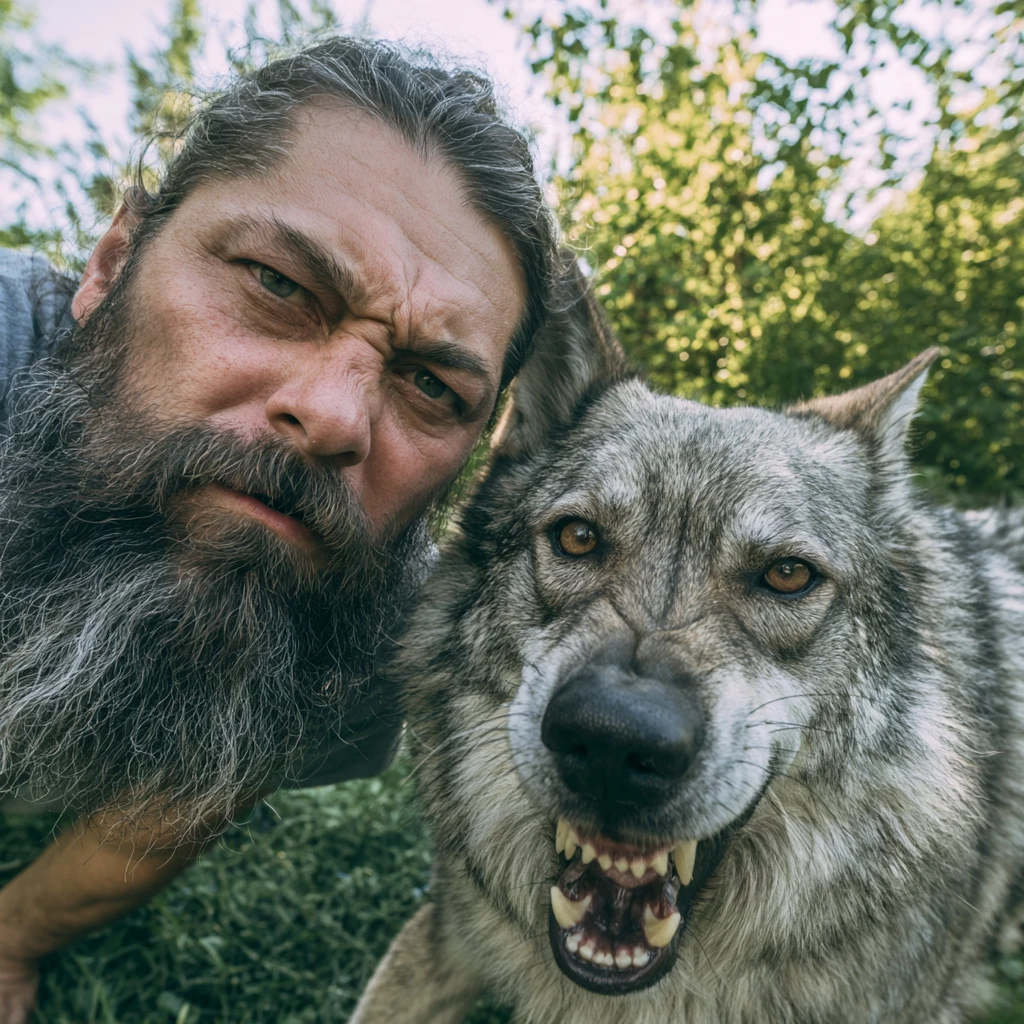 ひげを生やした男性がオオカミのような犬と至近距離で自撮り