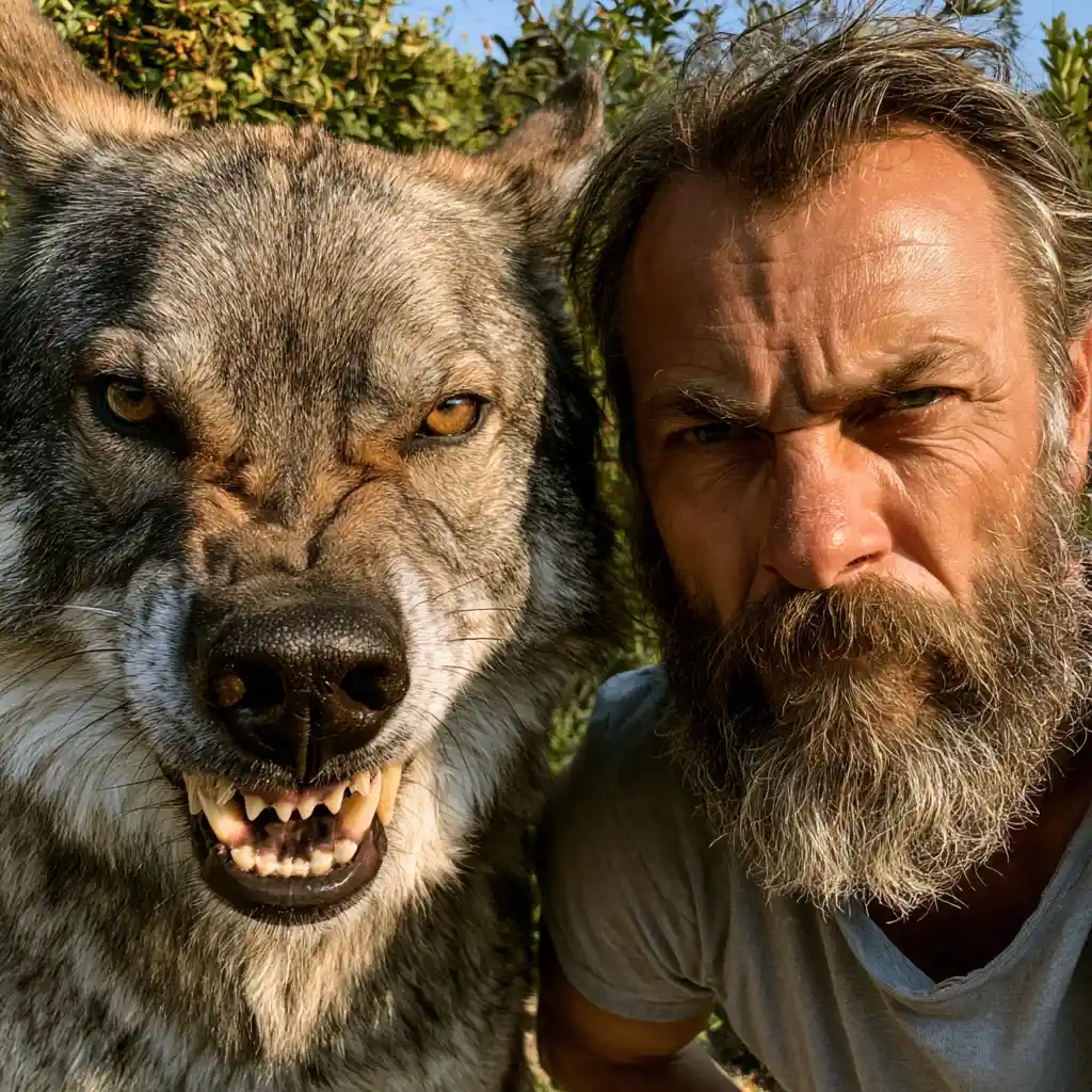 Bearded man close with large wolf like dog outdoors