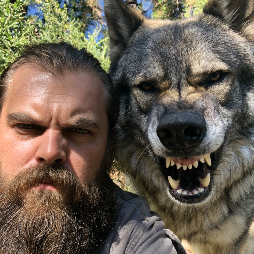 Bearded man and wolf dog close up in sunny greenery