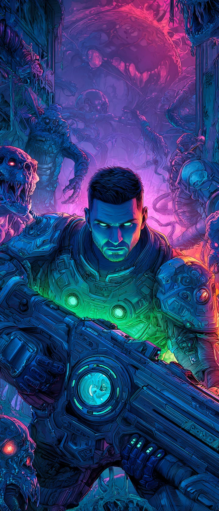 Asian sci fi soldier with railgun on alien world
