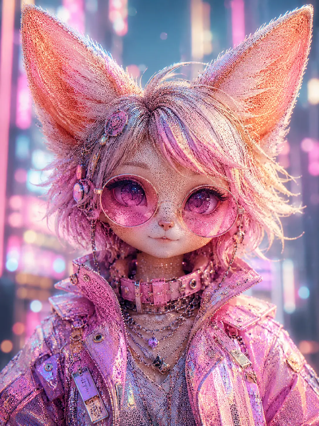 Pointillist cyberpunk fennec fox girl with pink sunglasses
