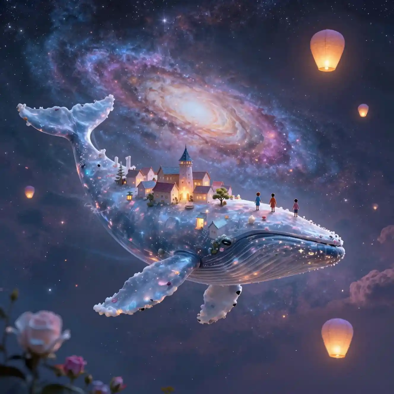 Gigantesca ballena transparente que lleva aldeas luminosas a través de galaxias