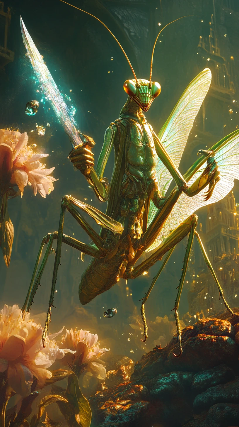 Guerrero mantis heroico sobre flores gigantes como templos