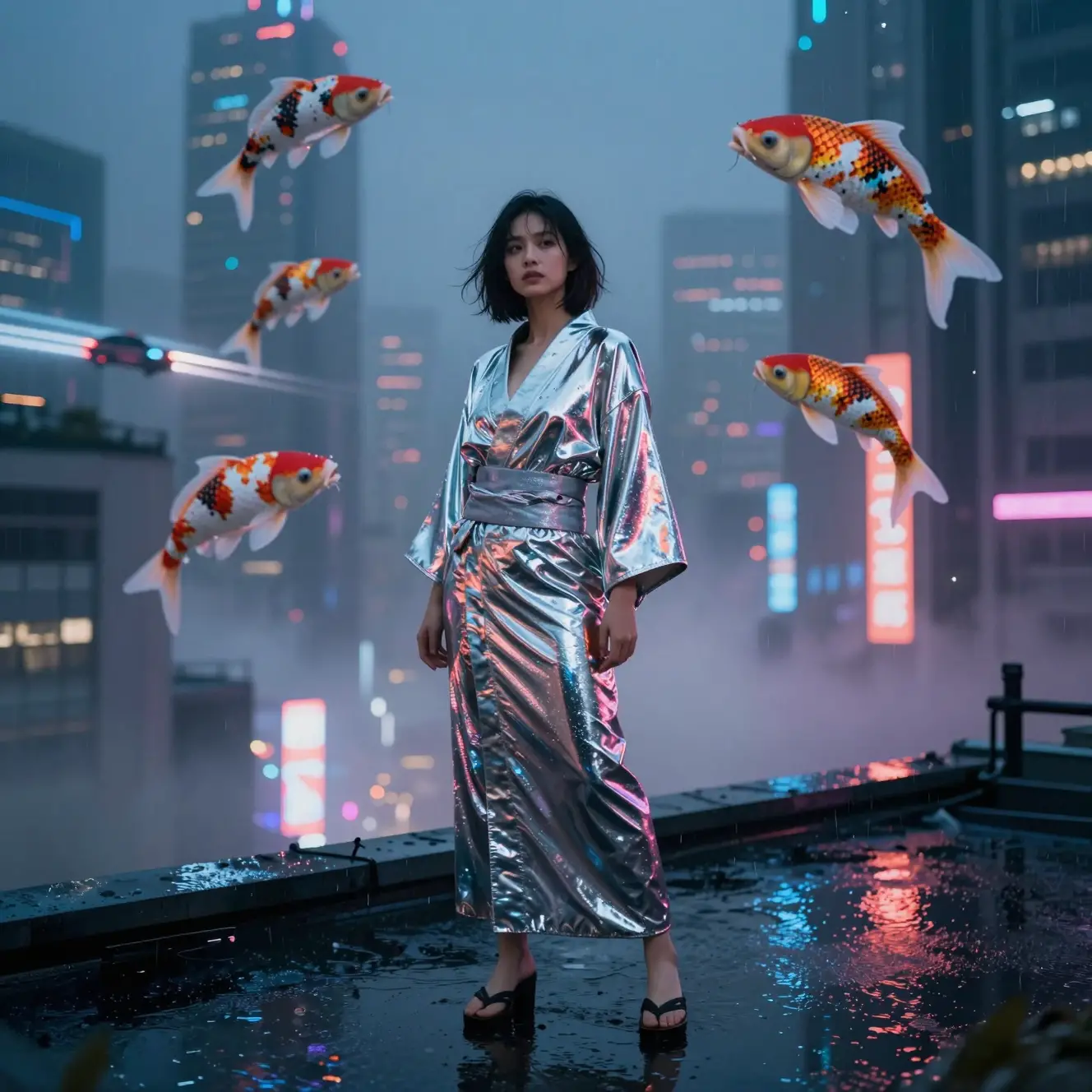 雨中霓虹城市天台上的鍍鉻和服女子