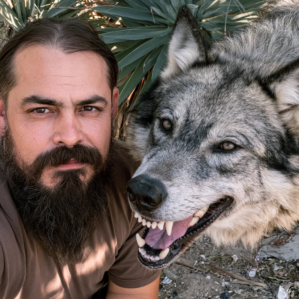 Bearded man beside fierce gray wolf in natural light