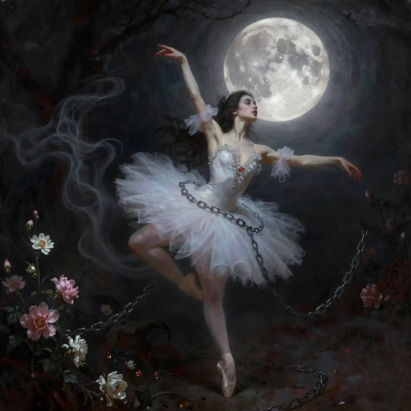 Bailarina etérea danzando bajo un eclipse lunar rojo sangre