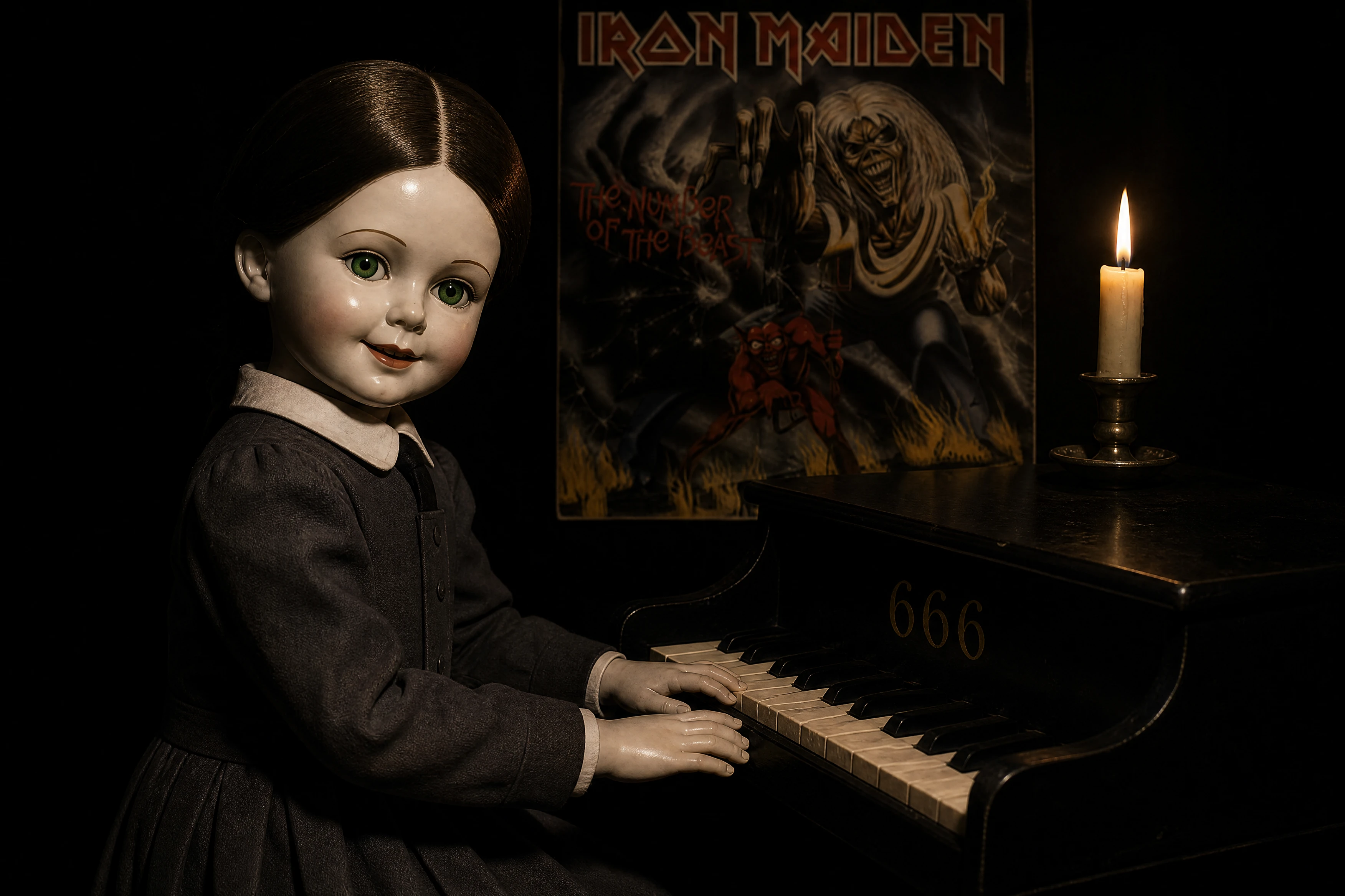Muñeca escolar de porcelana inquietante tocando el piano en la oscuridad