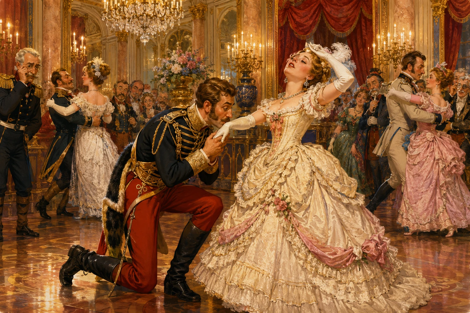 Oficial de húsares besando a una dama aristocrática en un gran baile