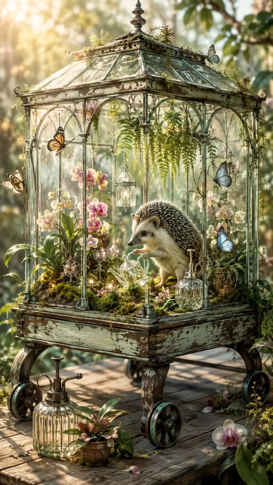 Erizo Jardinero en un Invernadero de Terrario de Vidrio Vintage