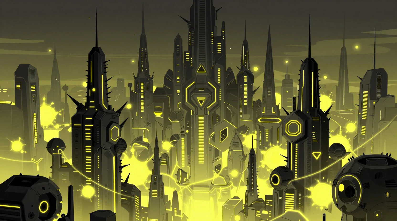 Futuristische Sci‑Fi‑Stadt mit gewaltigen mechanischen Turm-Wolkenkratzern