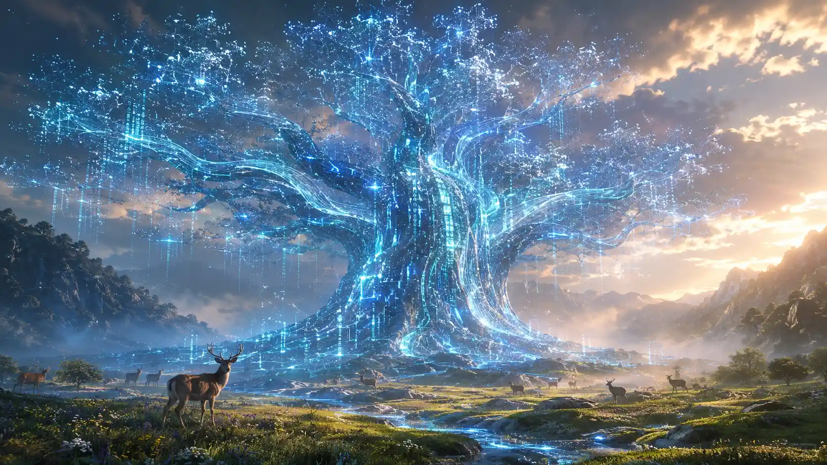 Antiguo Árbol de Datos Alzándose en un Valle Digital Pacífico