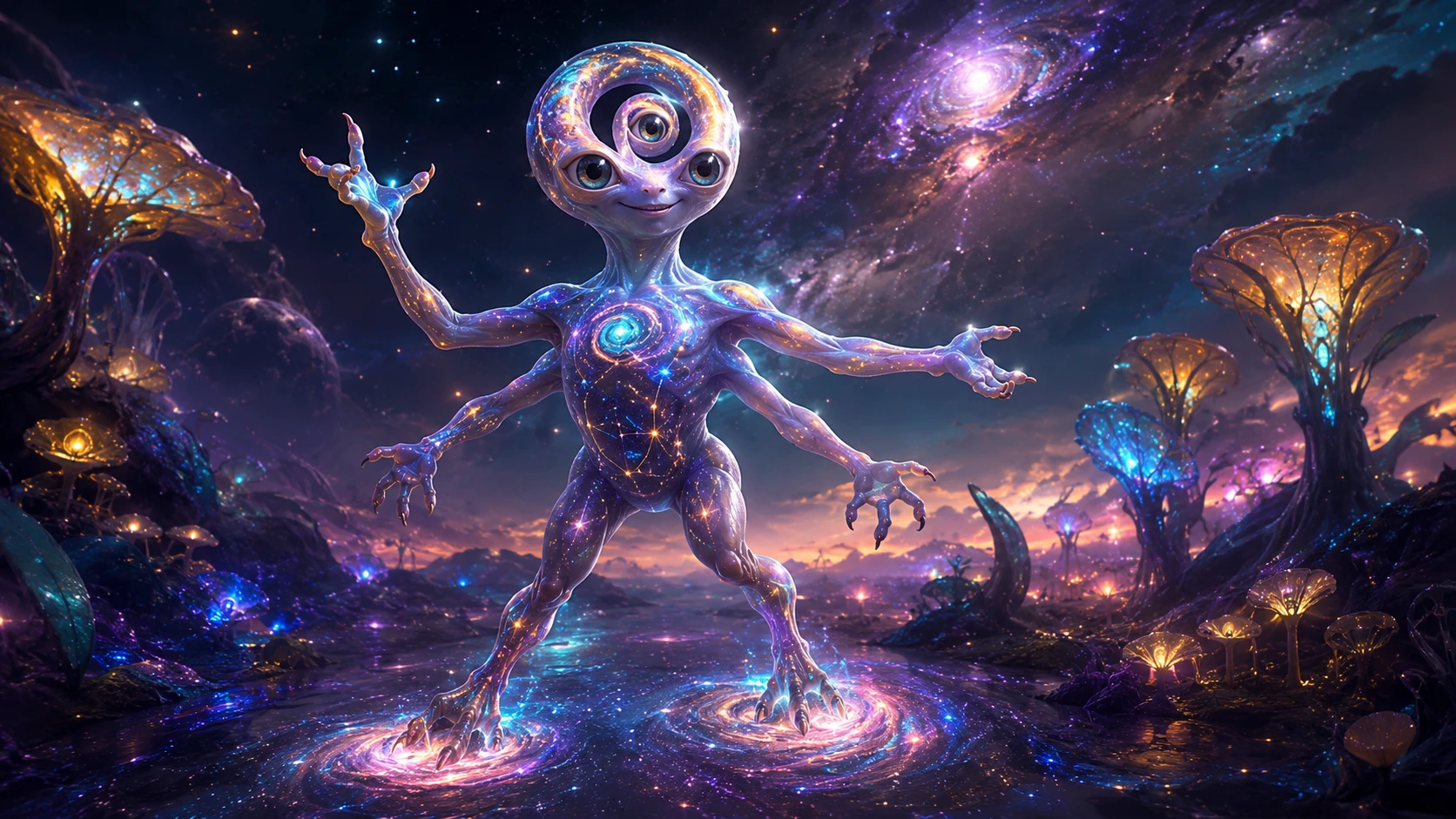 Criatura alienígena juguetona con ojos en espiral y cuerpo cósmico
