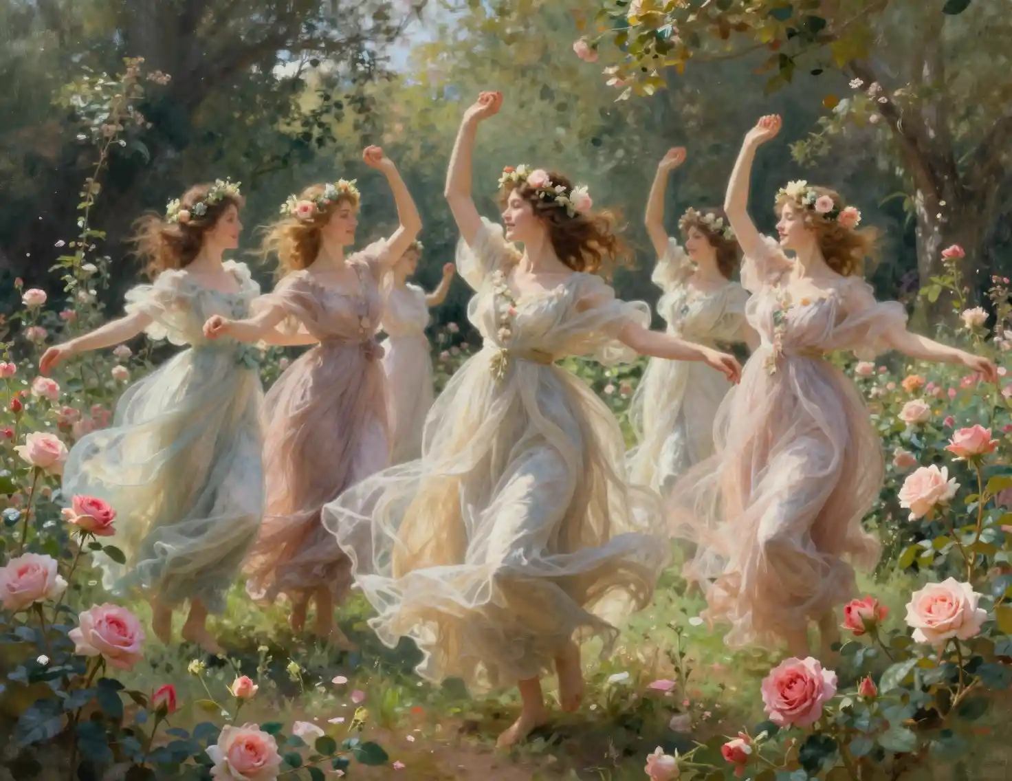 Doncellas danzando con vestidos vaporosos en un jardín de rosas