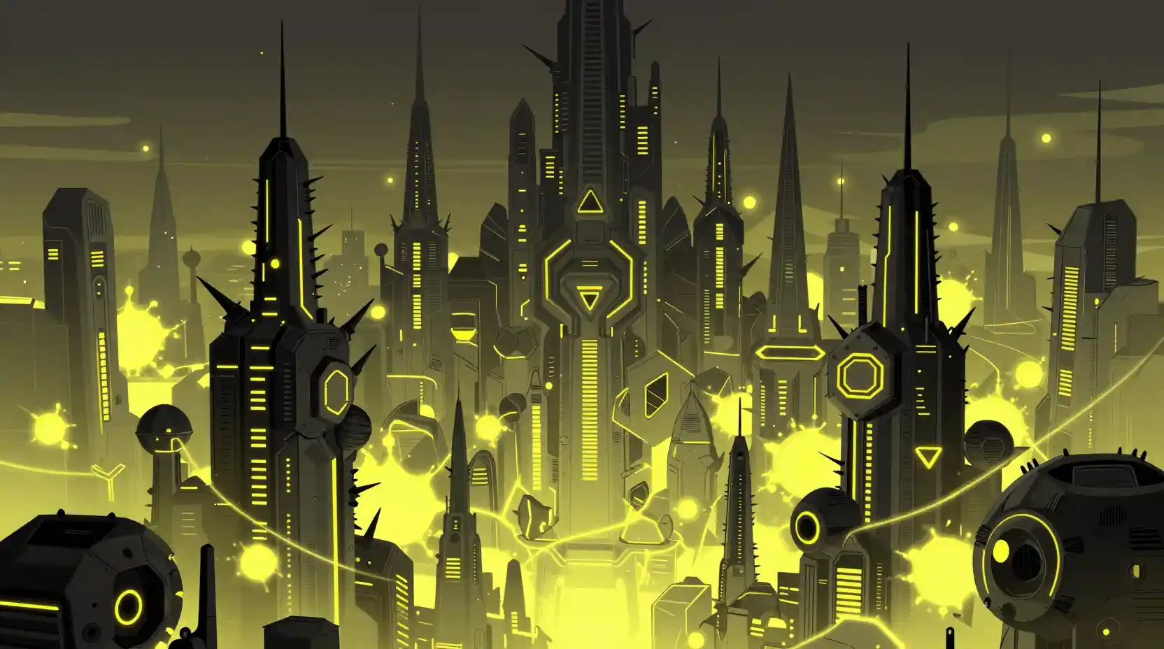 Futuristische Sci‑Fi‑Stadt mit gewaltigen mechanischen Turm-Wolkenkratzern