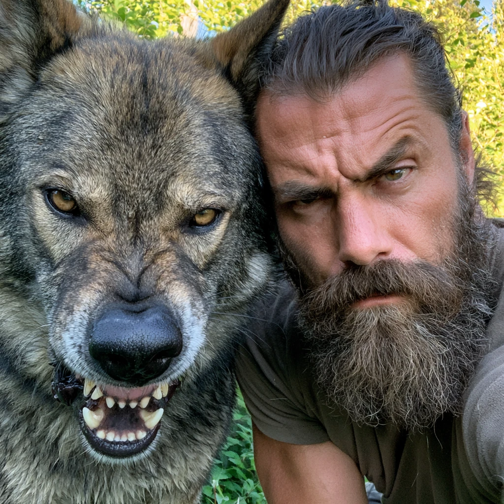 Bearded man close up with wolf like dog outdoors