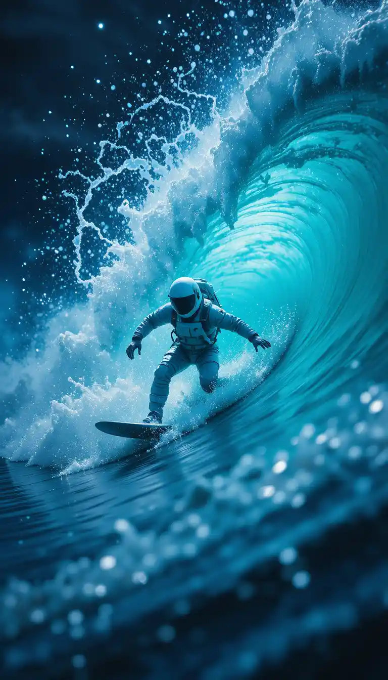 Surfista astronauta cabalgando una ola brillante en el océano nocturno