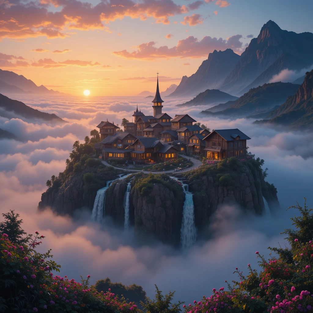 Tranquillo villaggio di montagna sopra nuvole luminose all'alba