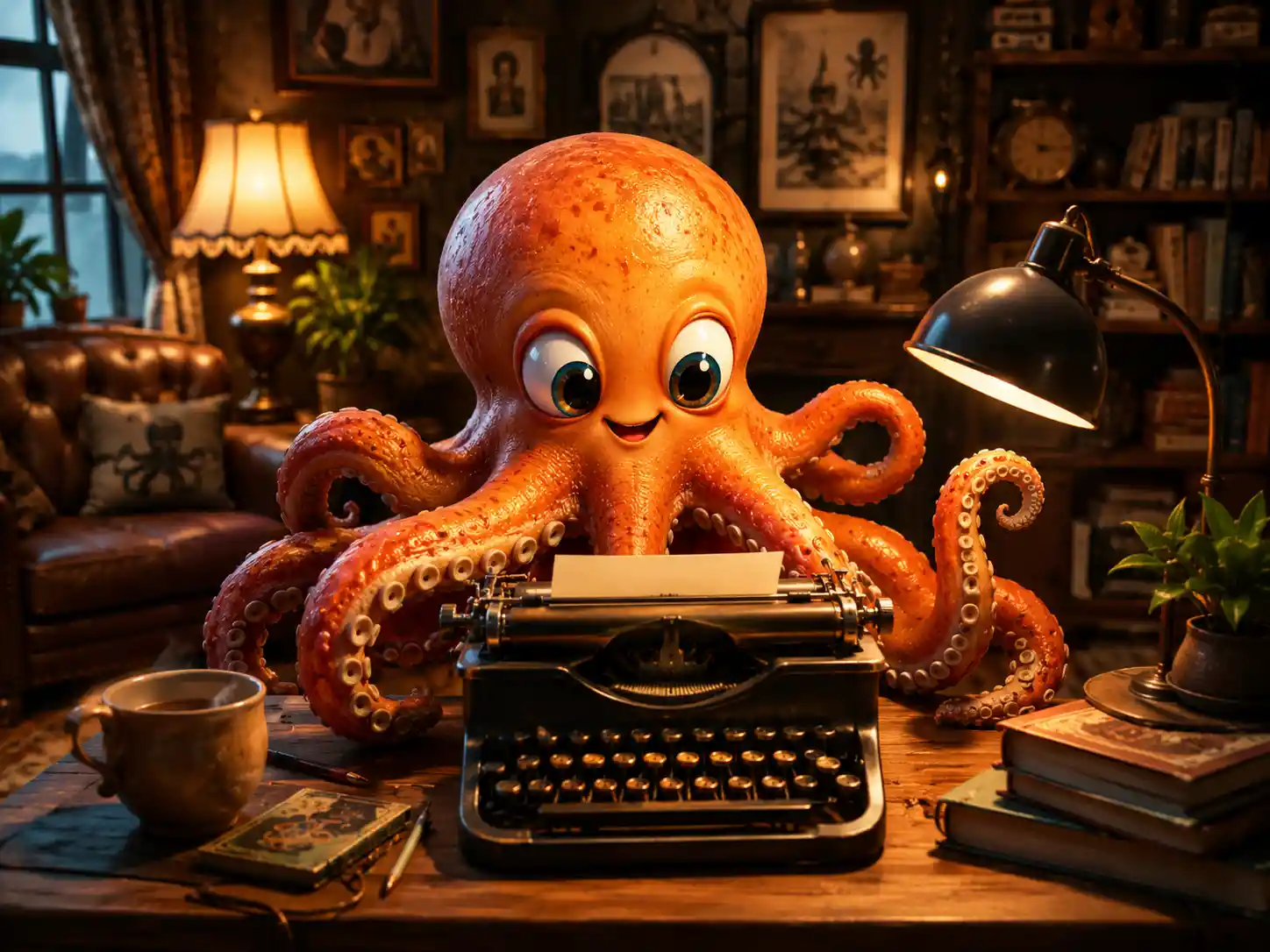 Pulpo tierno escribiendo a máquina en una acogedora sala de estar