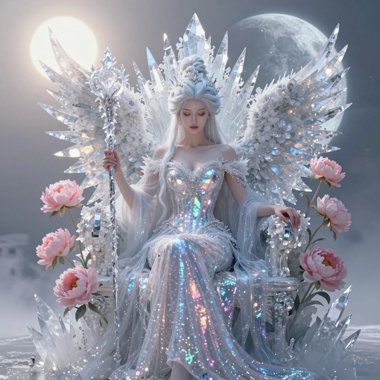 Diosa invernal etérea en un trono de cristal helado