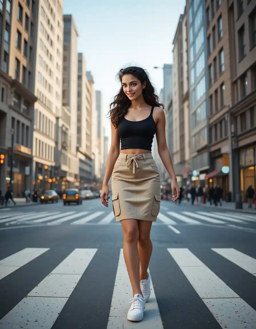 Young woman crossing busy city street in wide shot