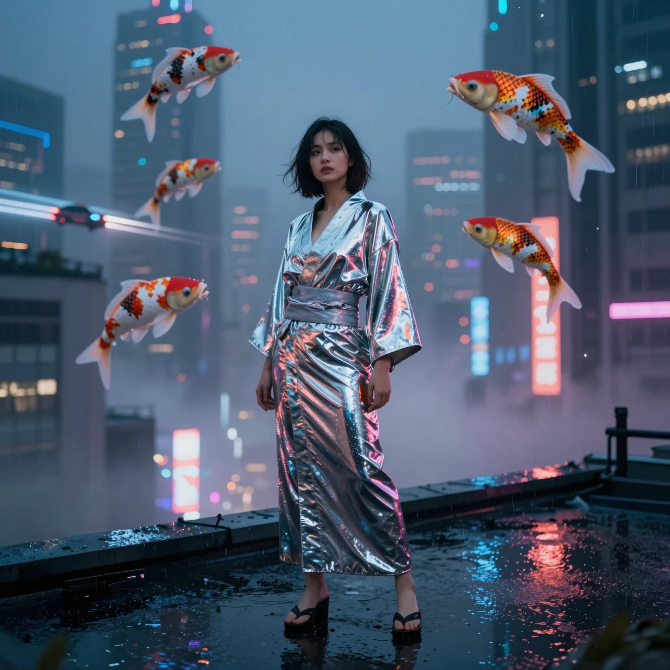 Mujer con kimono cromado en una azotea neón bajo la lluvia
