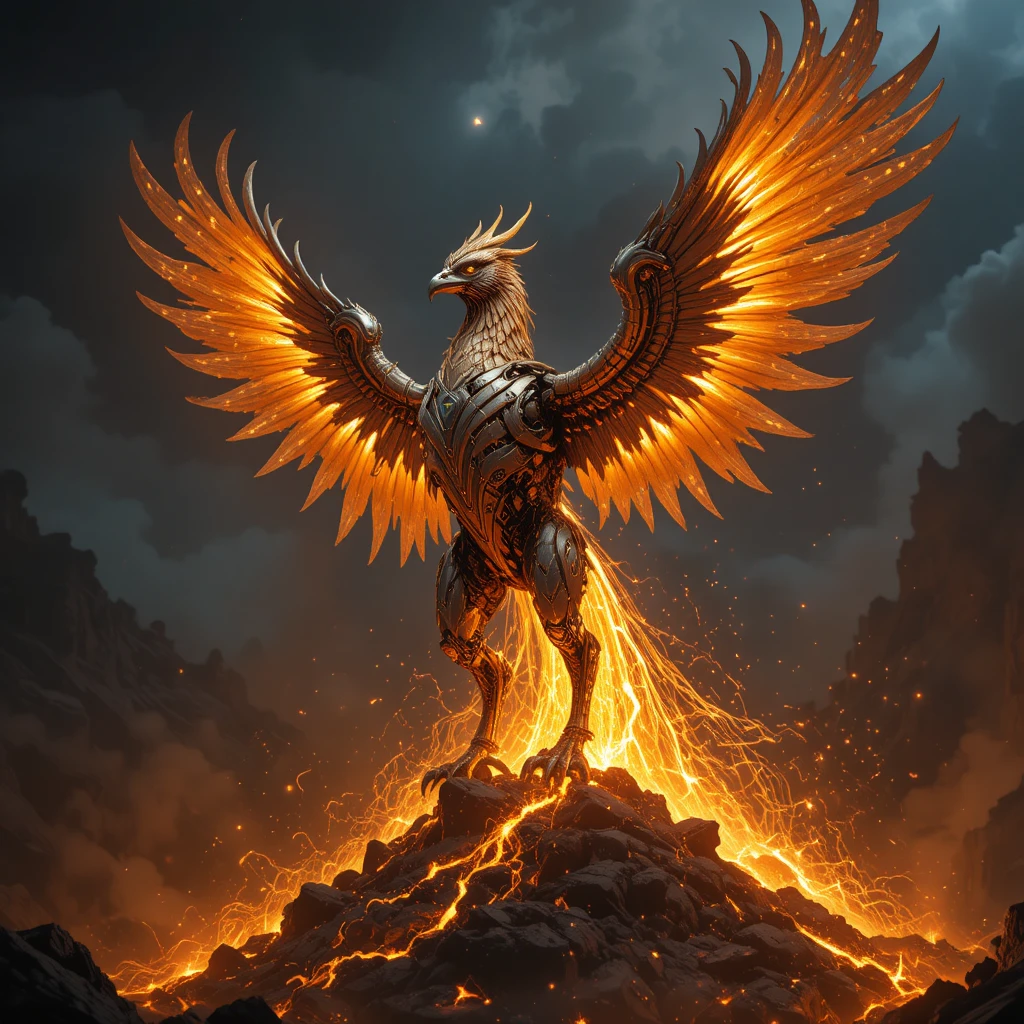 Mechanical phoenix rising from molten lava in dramatic light