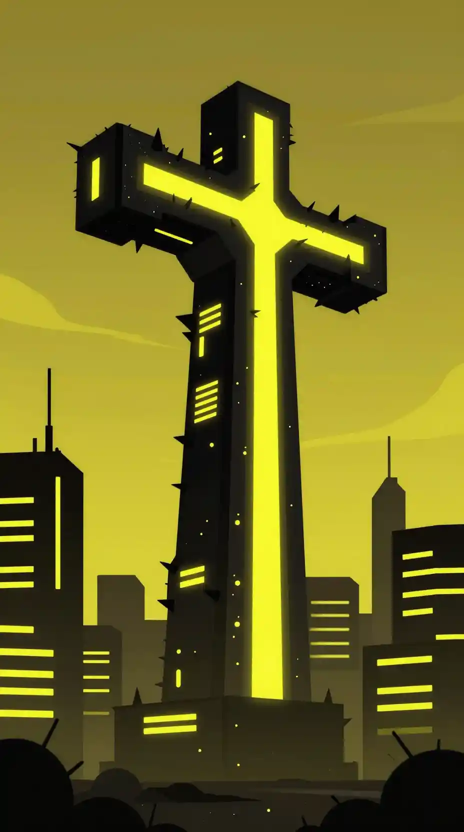 Torre futuristica a forma di T che si erge sopra una città sci‑fi al neon
