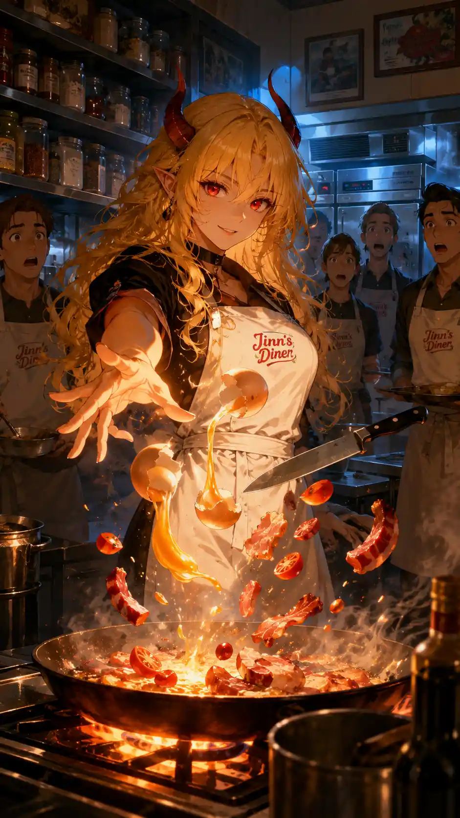 忙しいダイナーキッチンで魔法を操る悪魔シェフの少女