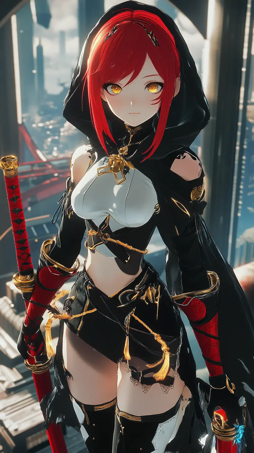 Anime girl in ornate outfit standing in a dim hall