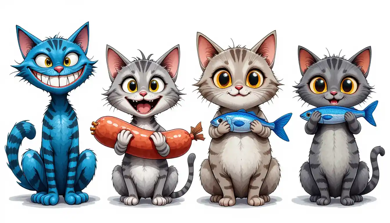 Four playful cartoon cats on a clean white background