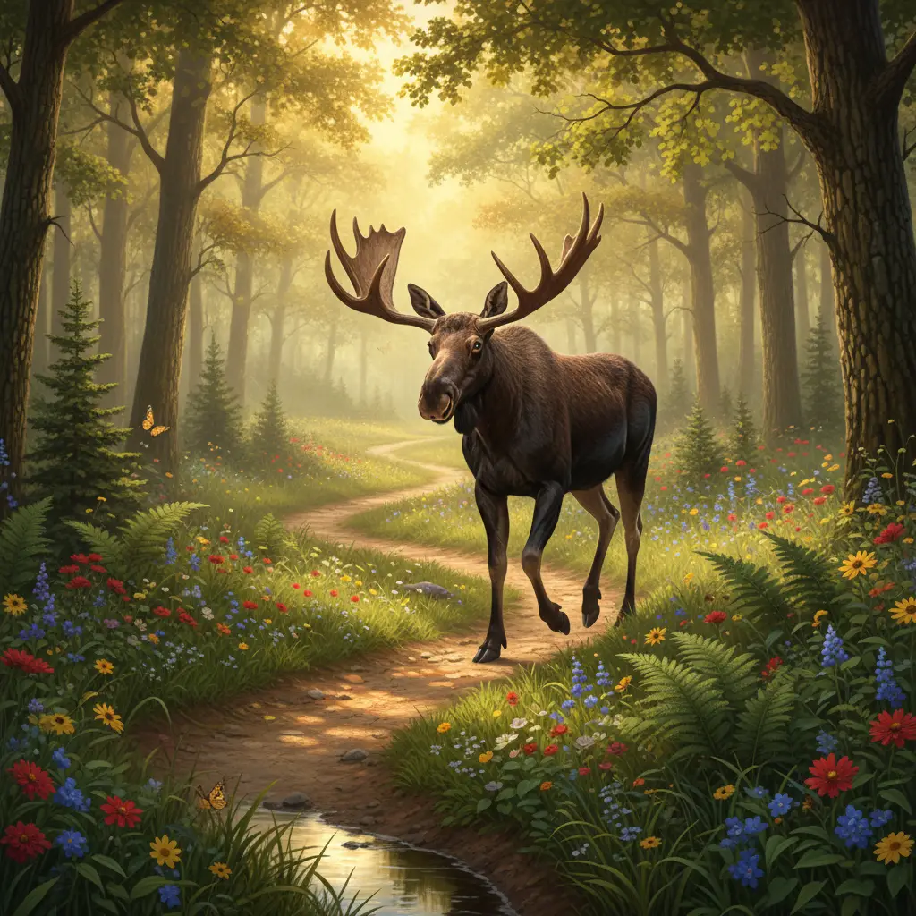 Majestic moose walking along a sunny forest path