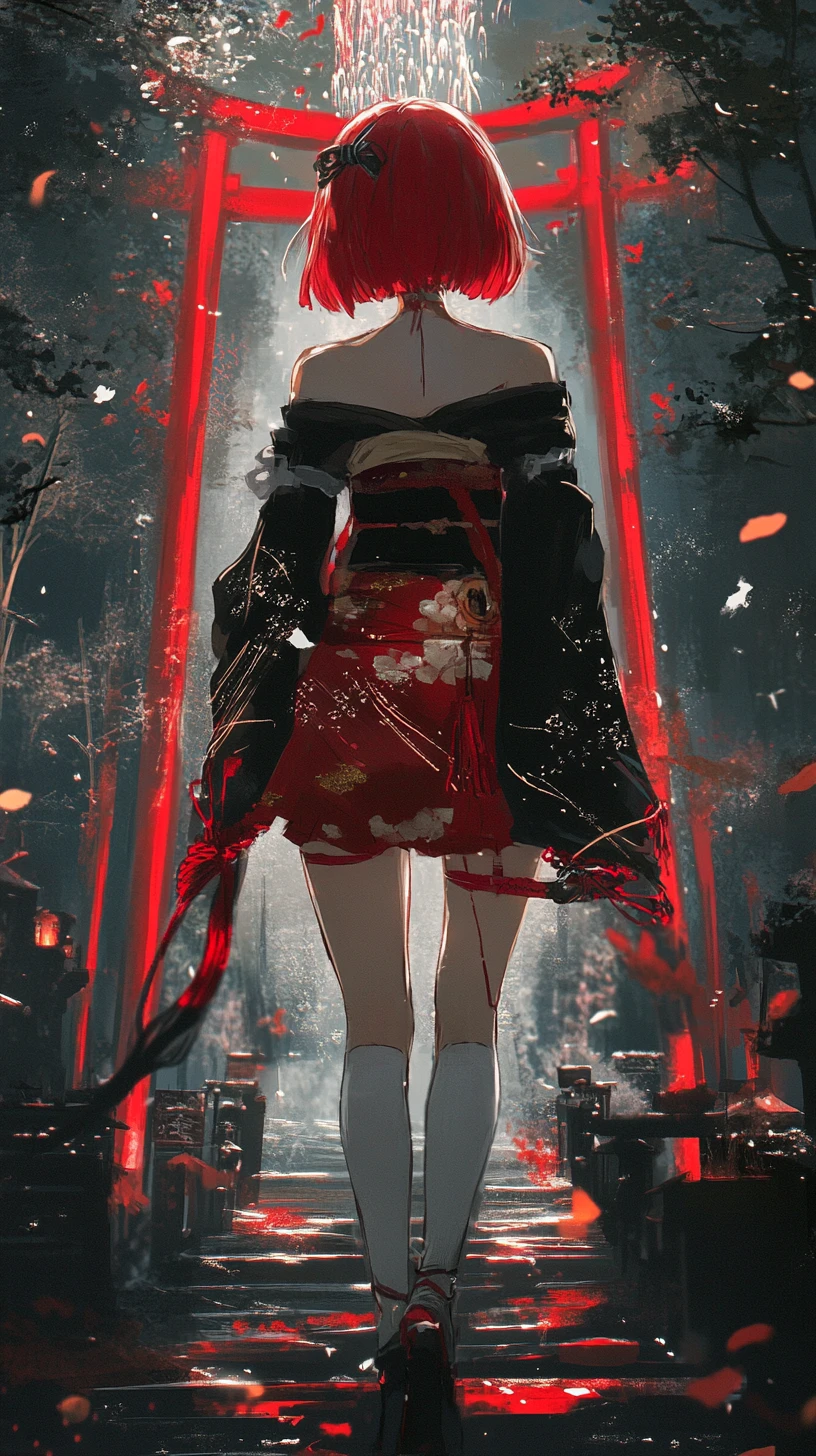Anime girl in ornate outfit at night temple festival