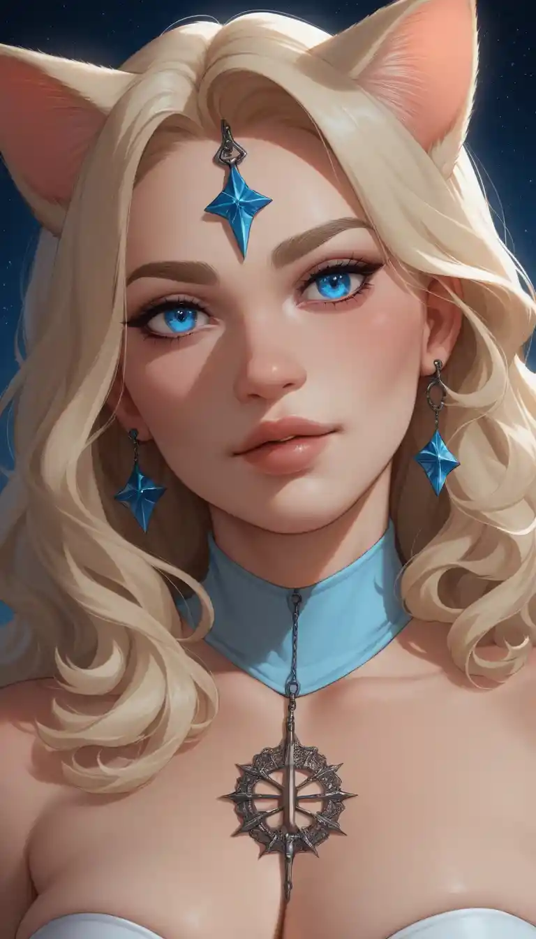 Mujer anime con orejas de gato en primer plano y ojos azules