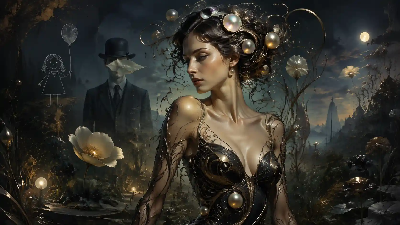 Mujer surrealista con vestido negro en un jardín luminoso a medianoche