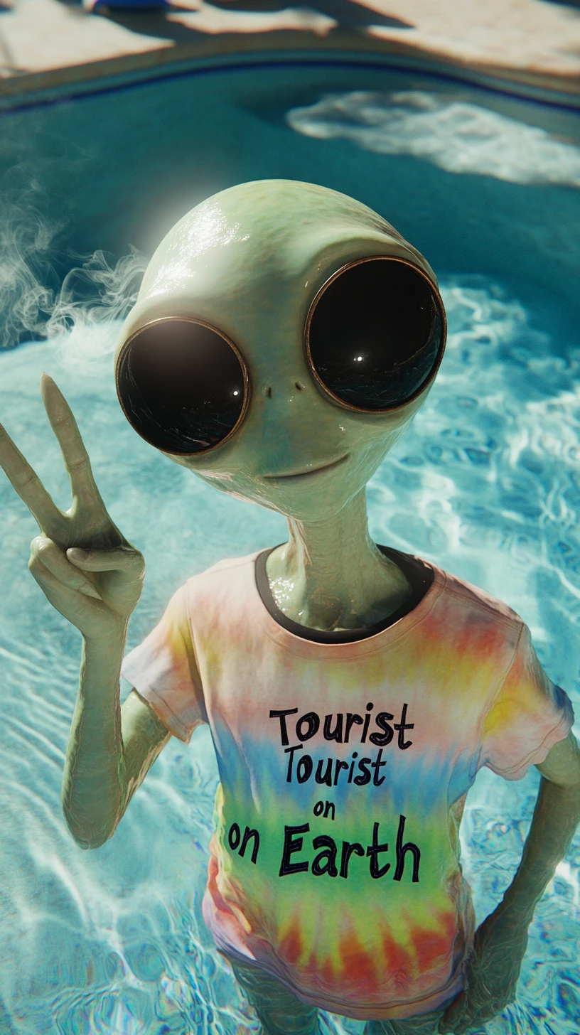 Turista alienígena psicodélico fumando en una piscina vacía