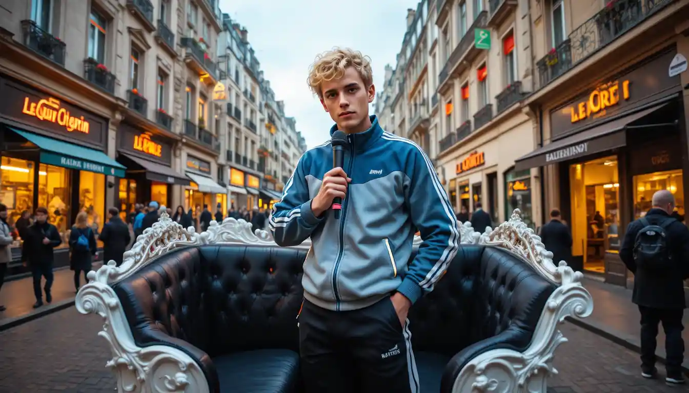Joven en un carruaje blanco en una calle de París