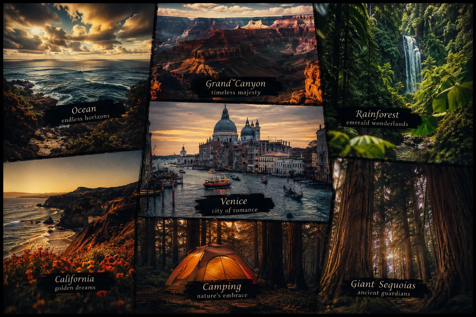 Vibrante collage fotográfico de serenos paisajes naturales