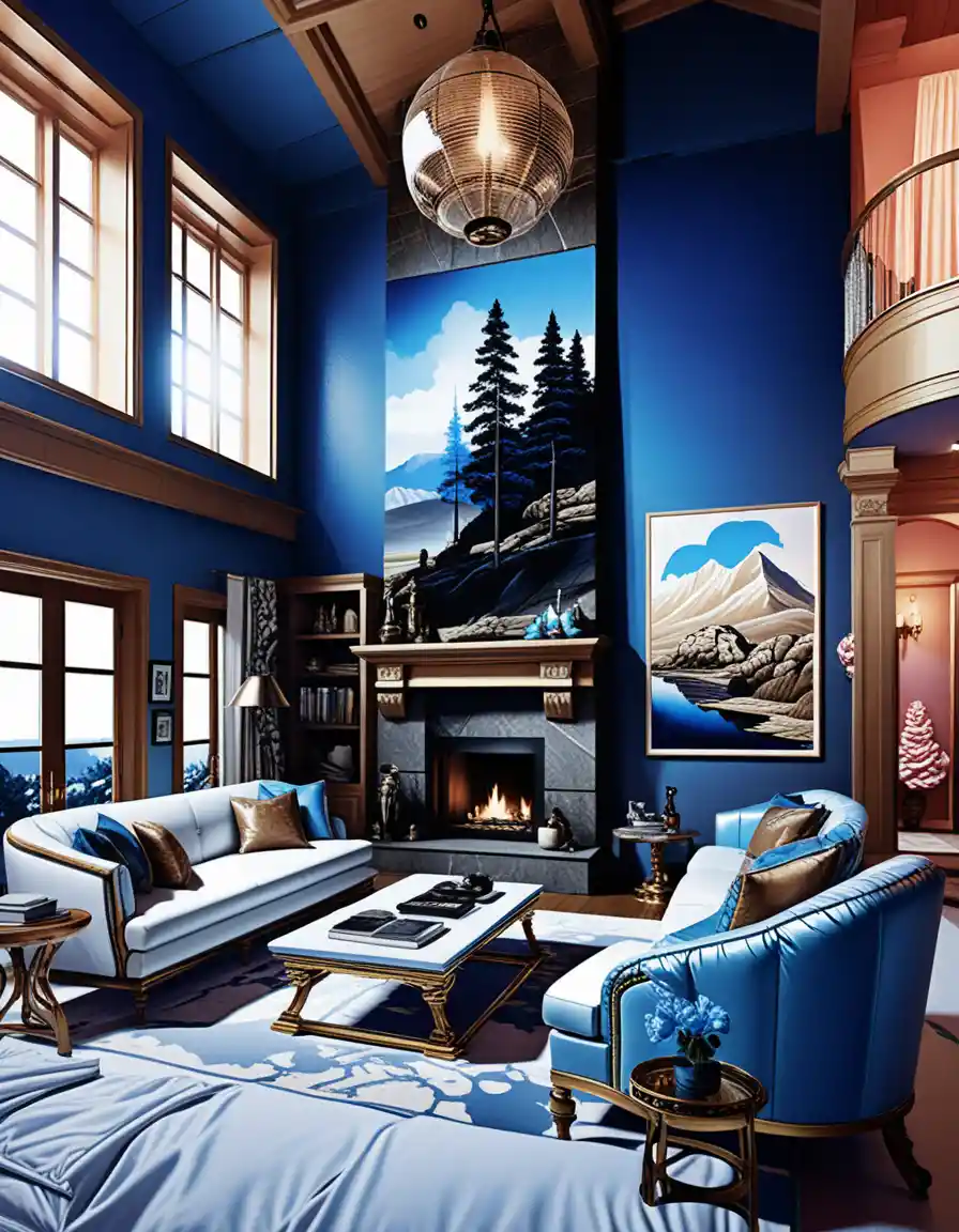Luxurious study with dramatic forest fire oil painting