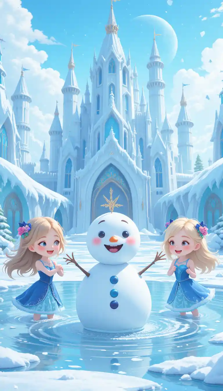 Niedlicher Anime-Schneemann spielt fröhlich in einem Eisbecken
