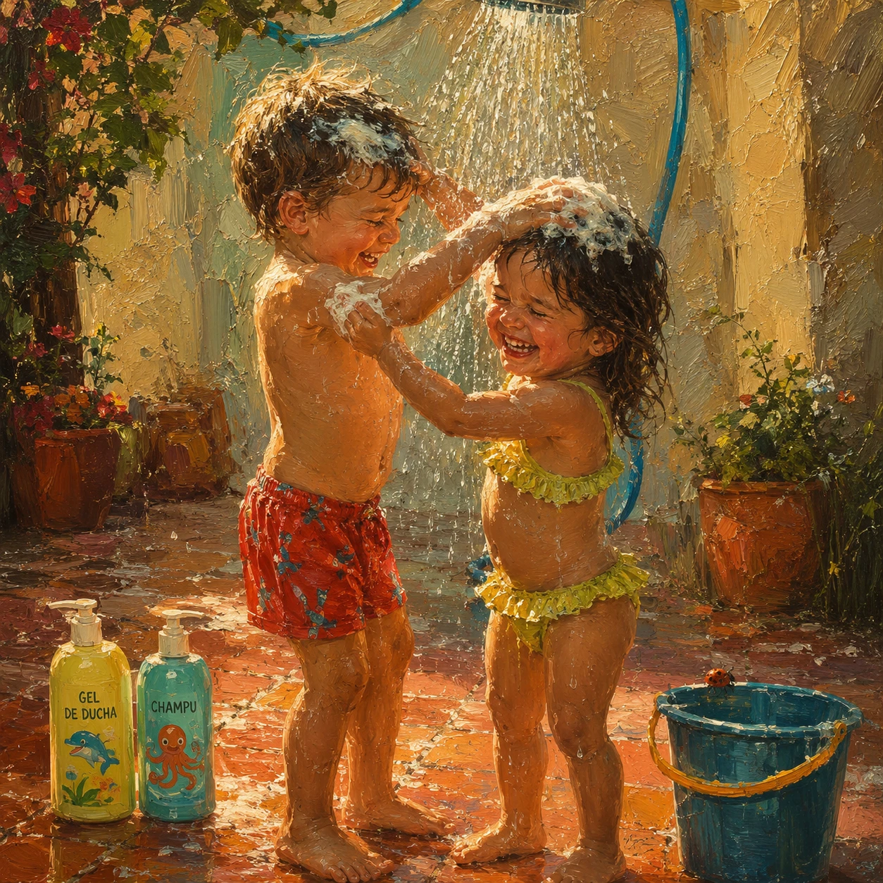 Hermanos pequeños jugando bajo una ducha de verano en el patio