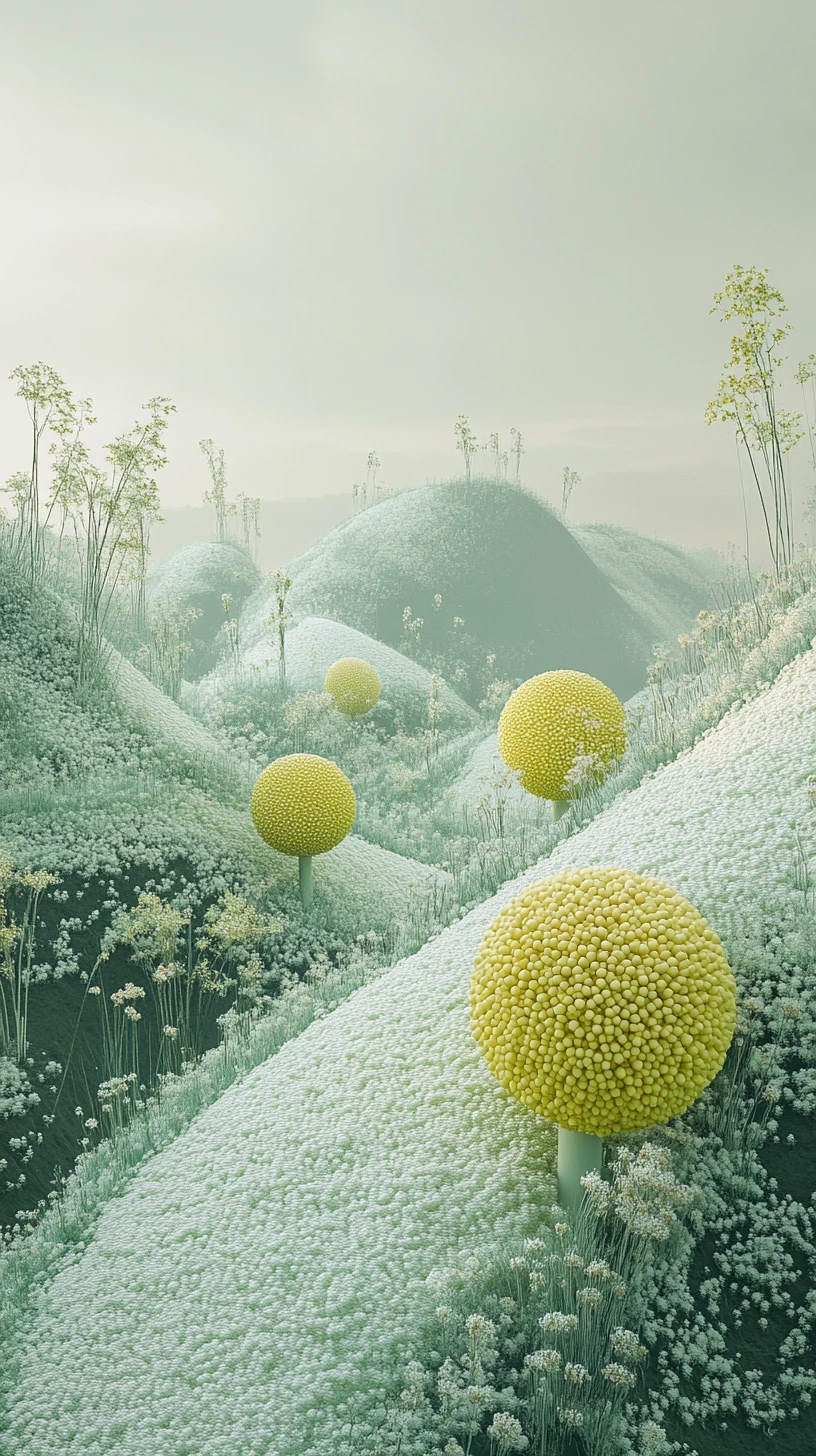 Árboles esféricos verdes surreales en un mundo pastel de algodón de azúcar