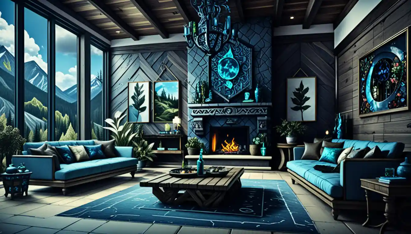 Luxurious study lined with dramatic forest fire paintings