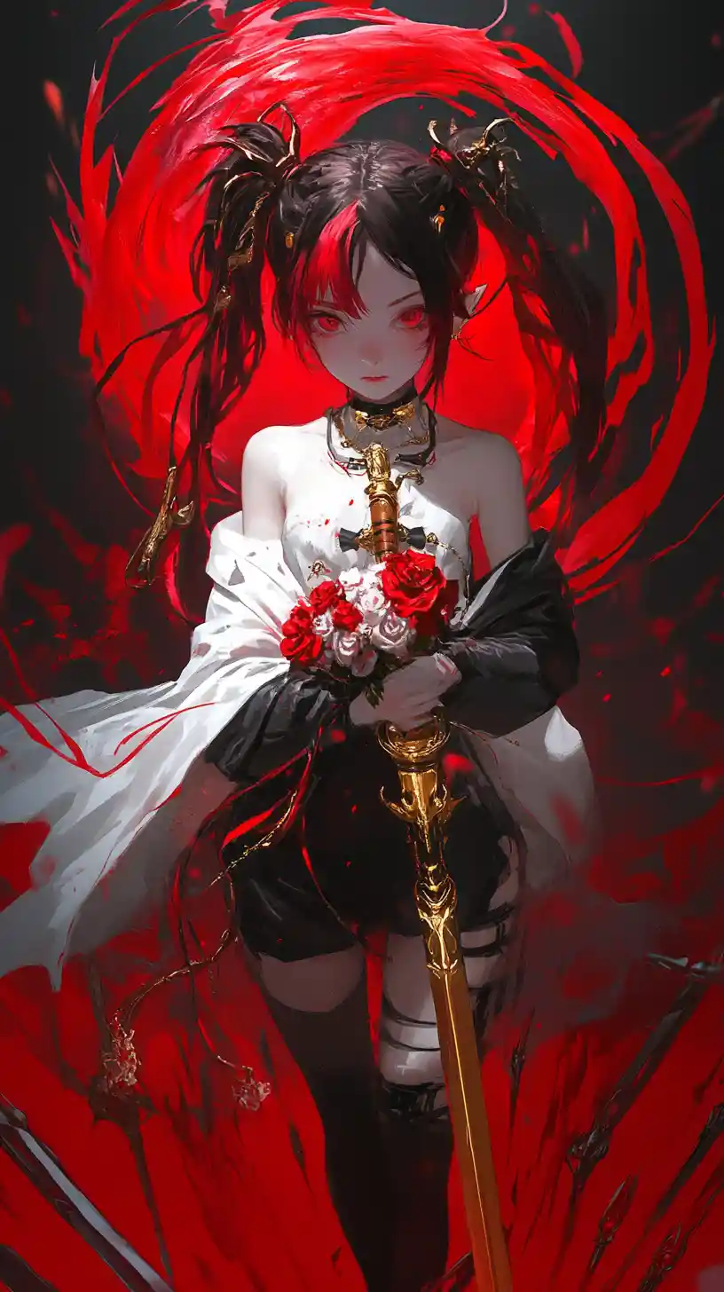 Anime girl with ornate outfit holding a golden halberd