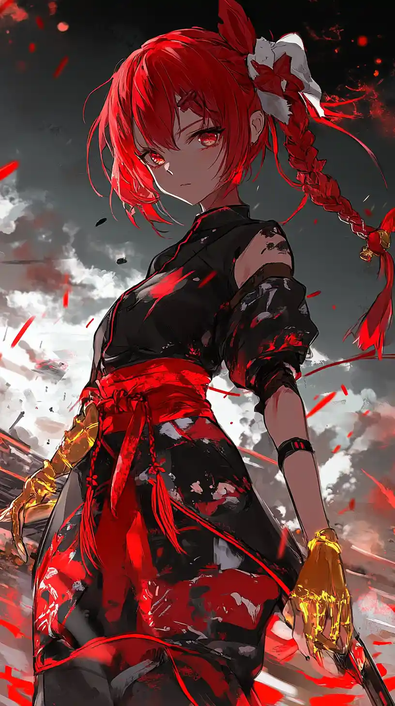 Anime girl with rifle in a burning urban war zone