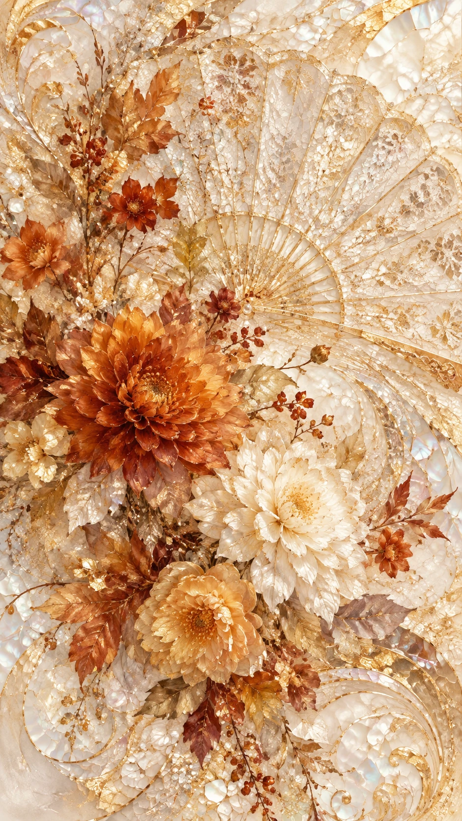 Fiori autunnali con ventaglio di pizzo dorato e mosaico astratto
